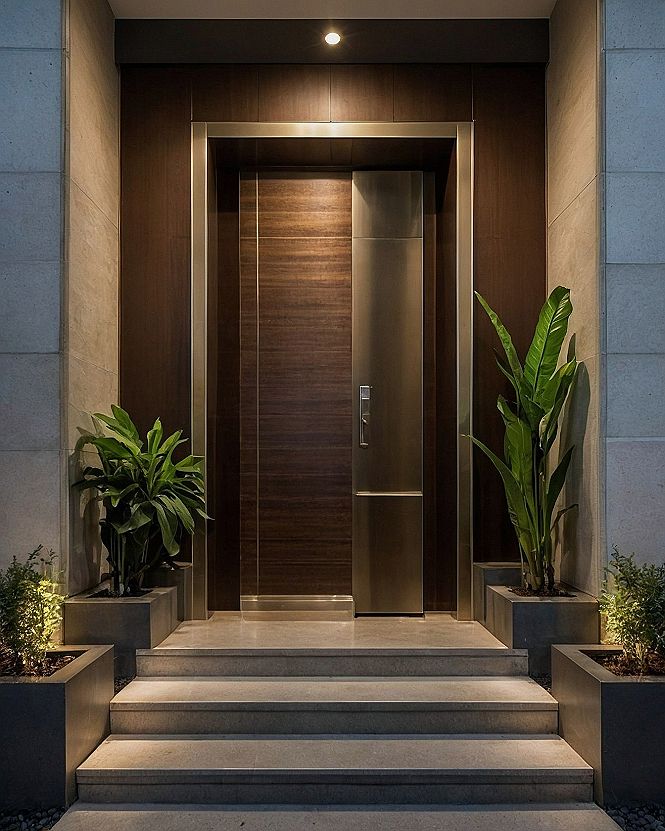Oversized Pivot Doors With Bold Metallic Frames