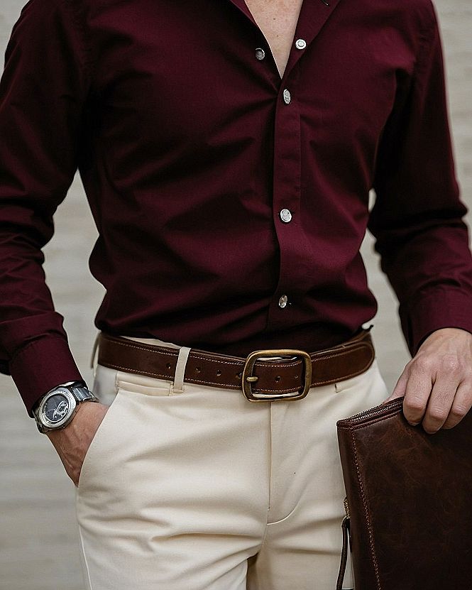Pairing A Deep Burgundy Shirt With Light Trousers