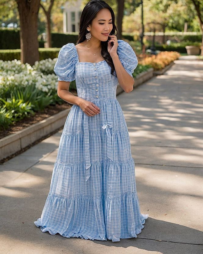 Why A Midi Length Sky Blue Dress With Puff Sleeves Works