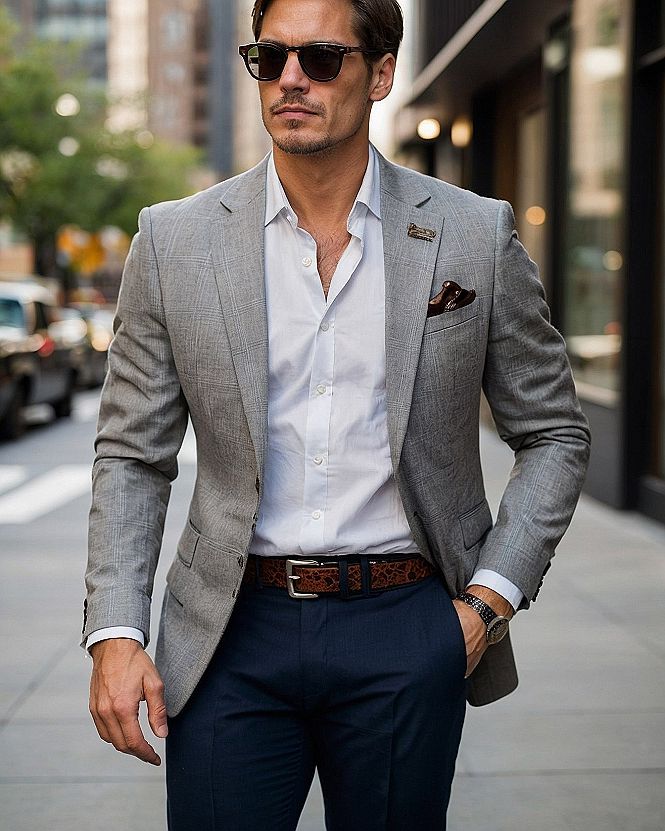 Pairing A Textured Grey Blazer With Navy Trousers