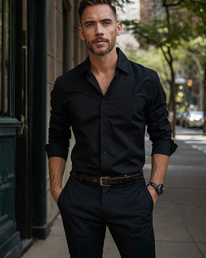 Pairing a Dark Button Down Shirt with Tailored Trousers