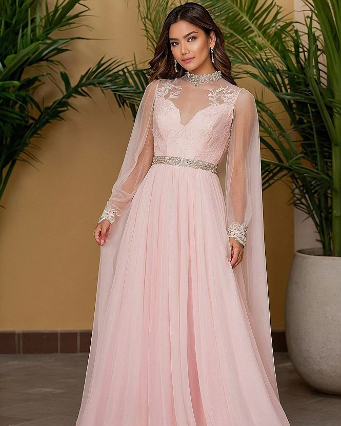 Styling a High Neckline Pearl Pink Gown