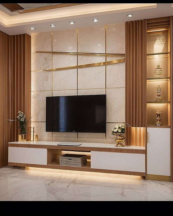 Combining Marble Panels and Wood Slats for TV Units