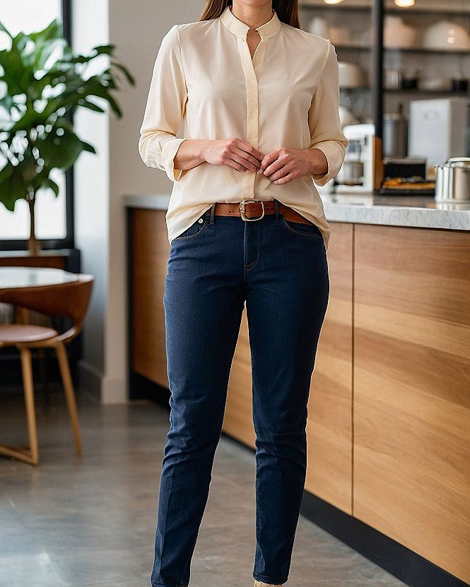 Pairing a Button Front Blouse with Dark Denim