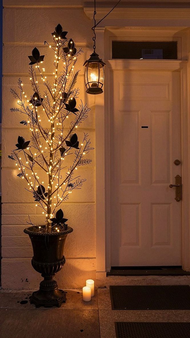 Lit Branch Pots for Front Porch Halloween Decor