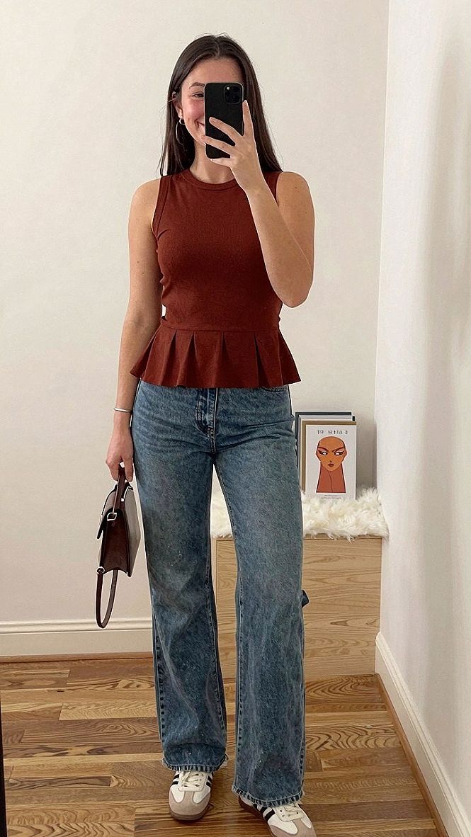 Pairing a Burgundy Peplum Top With Casual Denim Jeans