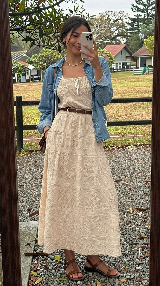 Blending A Sundress With A Casual Denim Shirt For Outdoor Weddings