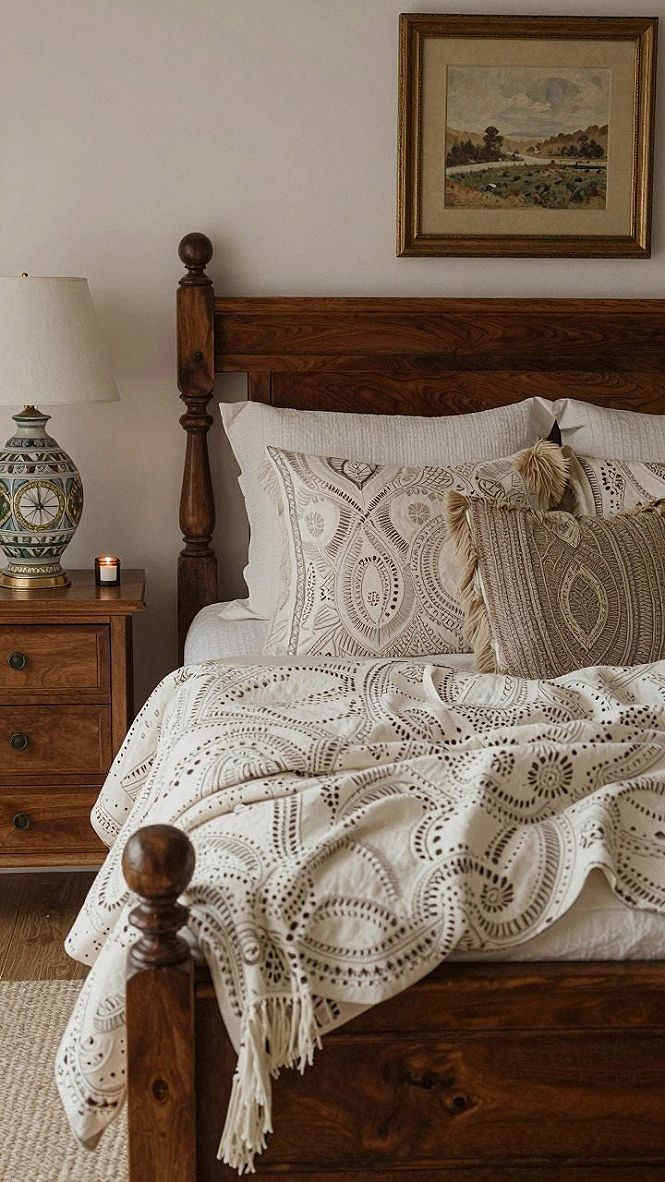 Layering Block Print Textiles in a Cottage Guest Room