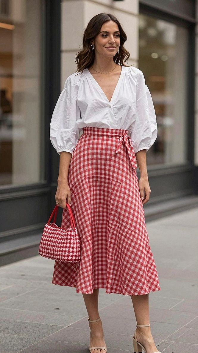 Pairing a White Blouse with a Checked Midi Skirt for Spring