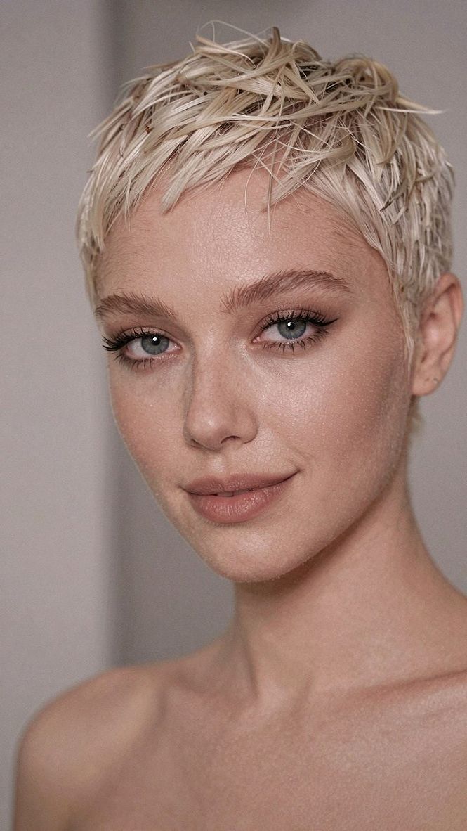 Sleek and Cropped Blonde Pixie with Short Bangs