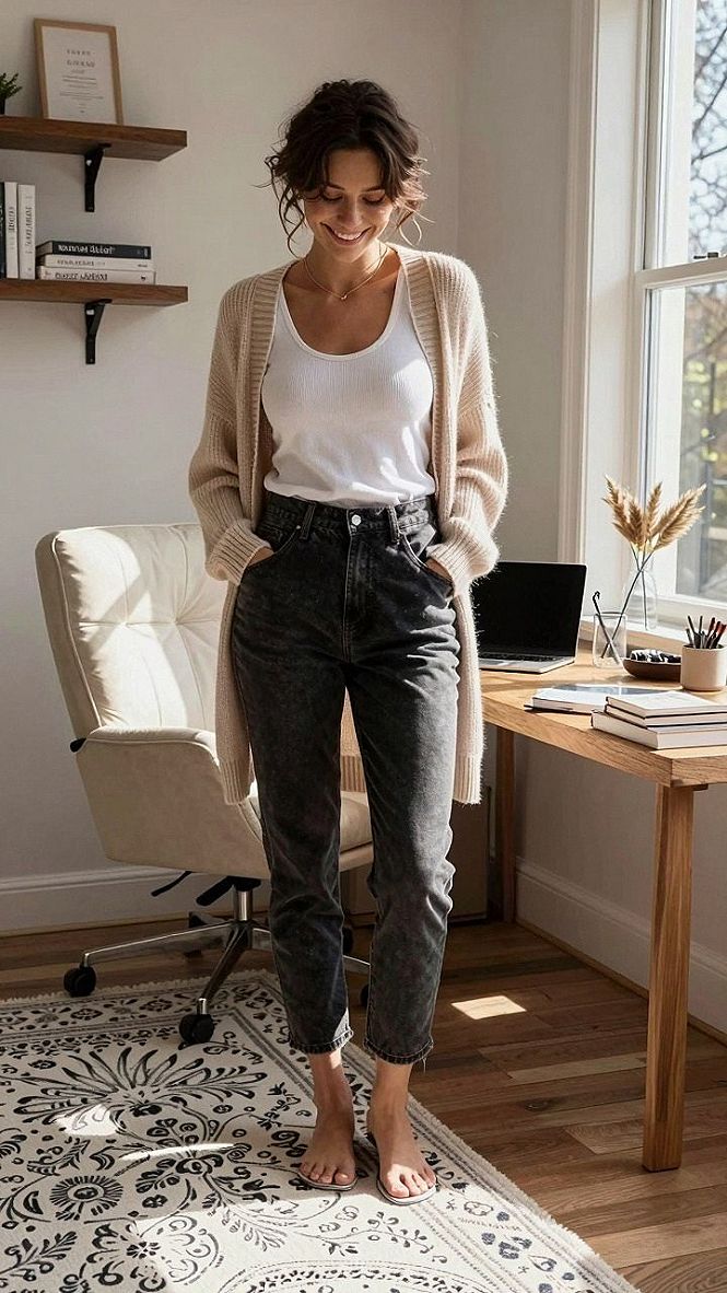 Balancing a Ribbed Tank Top with an Open Cardigan