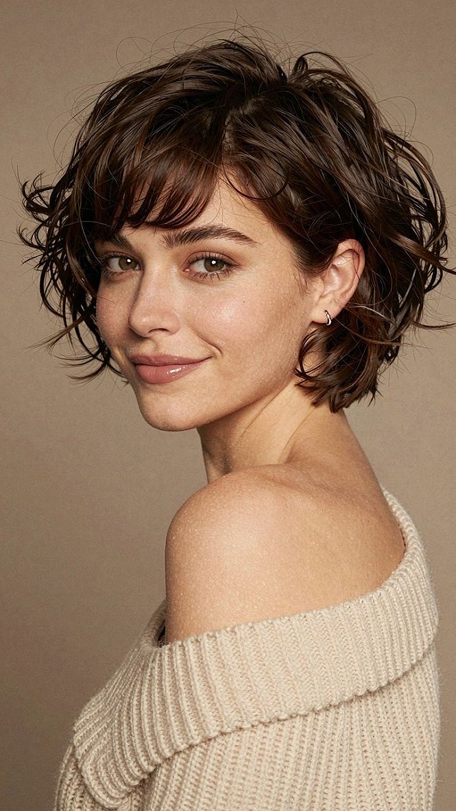 Tousled Wavy Bob with Soft Fringe