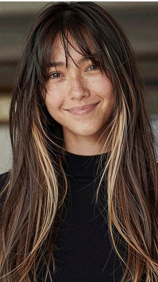 Mocha Balayage With Face Framing Highlights and Bangs