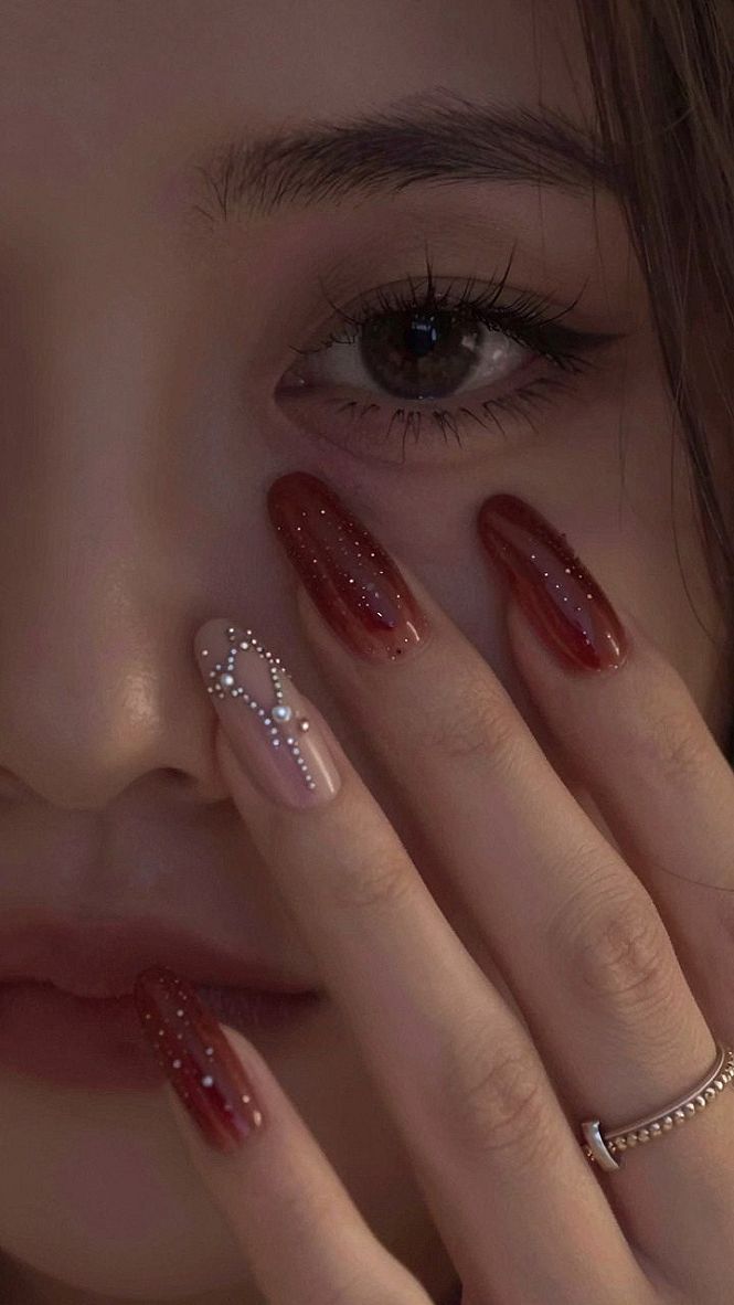 Blood Red Jelly Nails With Constellation Accent Nails
