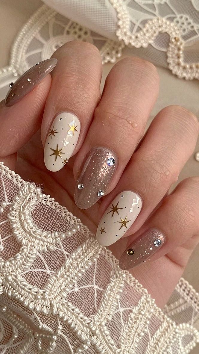 Celestial Gold Star Accents and Neutral Fall Nails