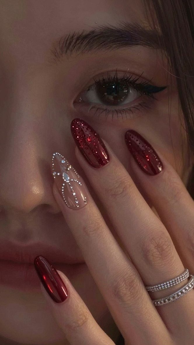Adding Accent Nails and Crystals to Dark Velvet Manicures