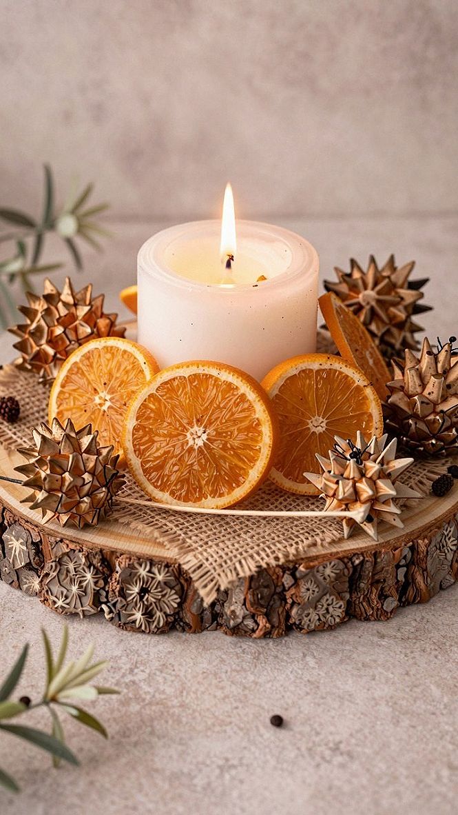 Dried Orange Slices and Wood Slice Candle Centerpieces