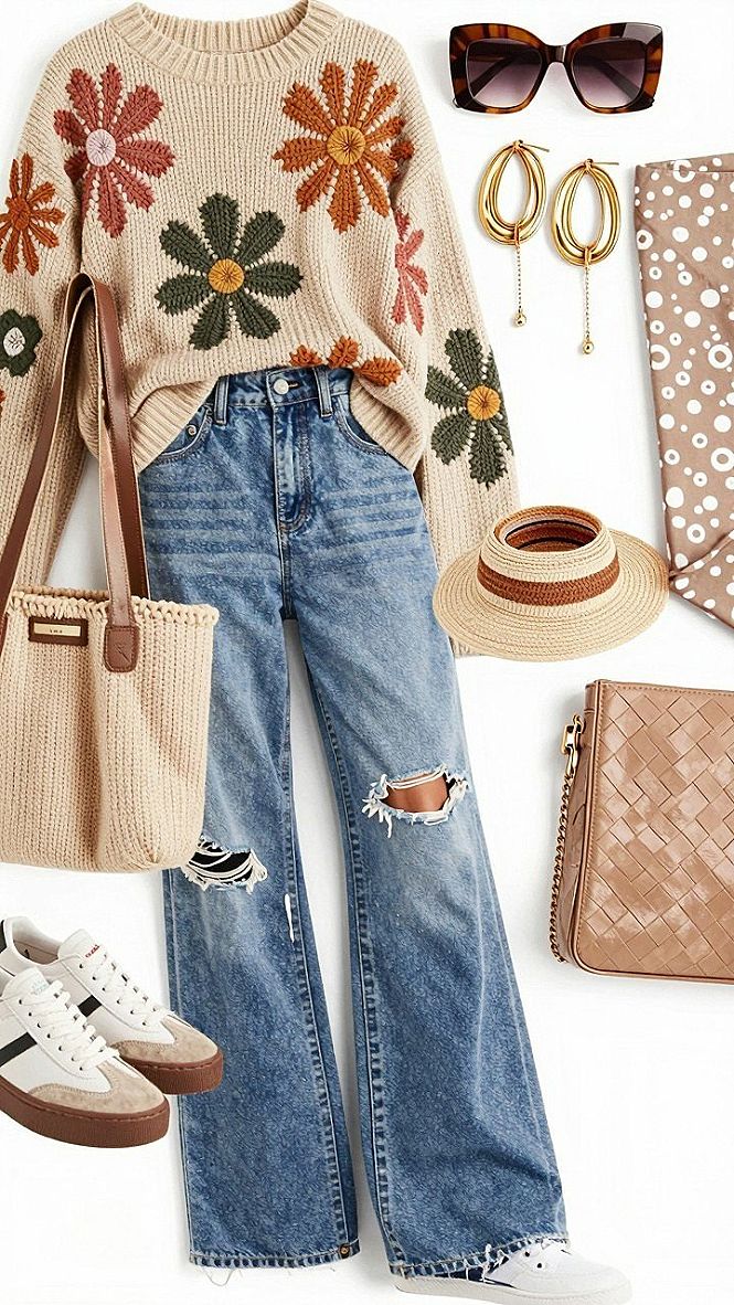 Pairing Retro Floral Knit Sweaters With Relaxed Denim
