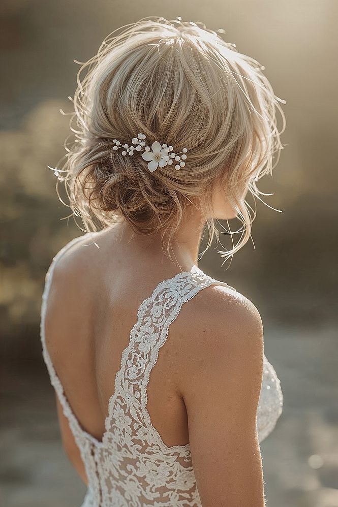 Effortless Blonde Beauty: Messy Low Bun Wedding Updo with Florals