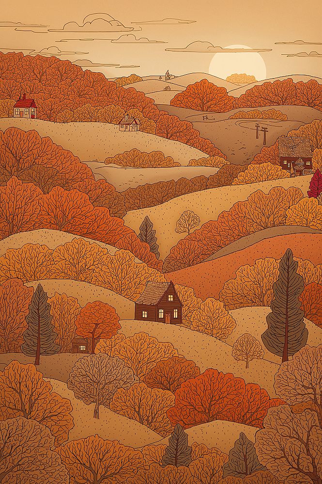 Whimsical Autumn Phone Wallpaper: Charming Fall Landscape Illustration