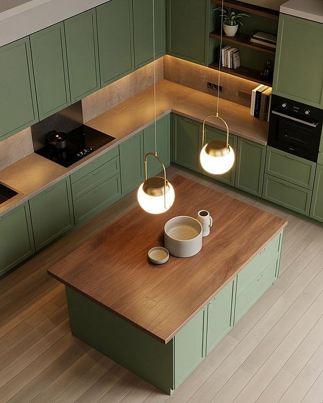 Scandinavian Green Kitchen: Sleek Cabinets Meet Walnut Warmth