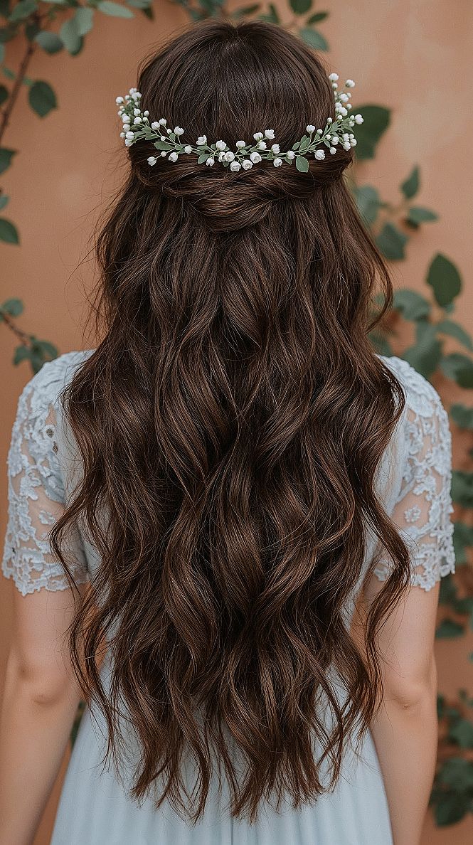 Floral Crown Wedding Hairstyles: Half Up Half Down Inspo