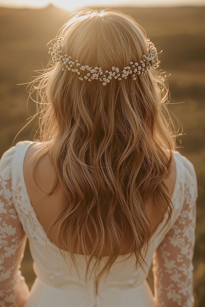 Boho Blonde Wedding Hair Styles with Delicate Flowers
