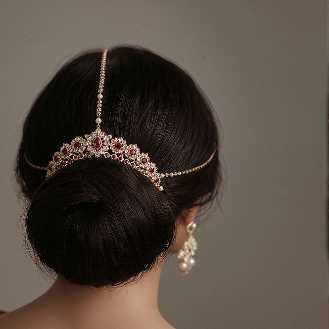 Exquisite Indian Bridal Bun Hairstyle with Ornate Accessories