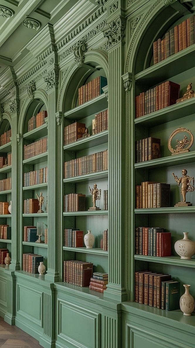 Vintage Green Bookcase Wall: Dreamy Libraries & Built-In Bookcase Magic