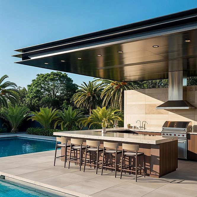 Luxury Outdoor Kitchen & Pool: Modern Backyard Entertaining