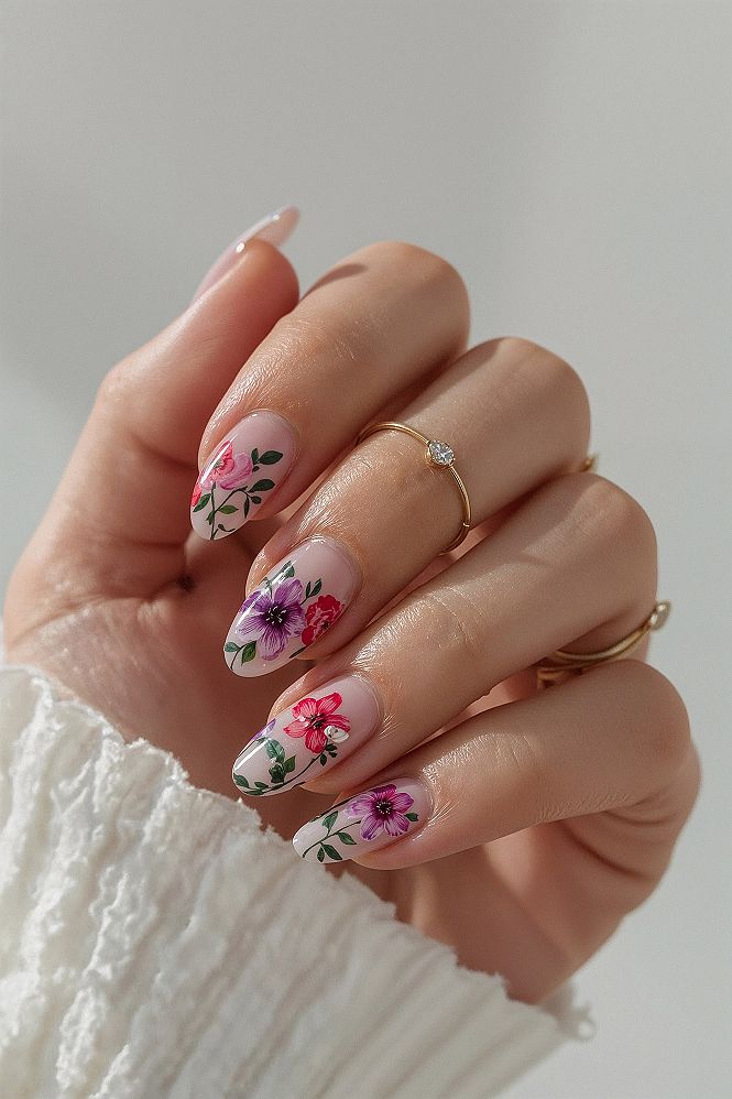 Vibrant Spring Floral Almond Nail Designs