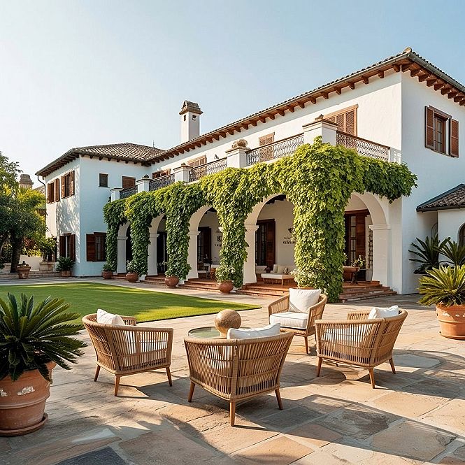 Spanish Villa Exterior: Courtyard Oasis & Mediterranean Home Decor