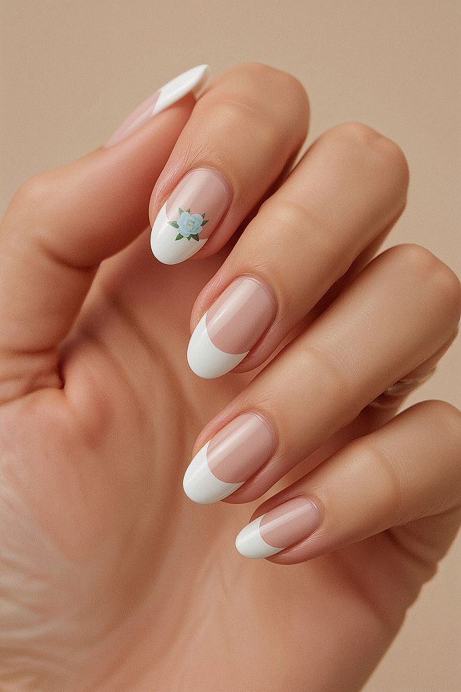 Bridal Blue Elegance: French Nails with Delicate Flowers