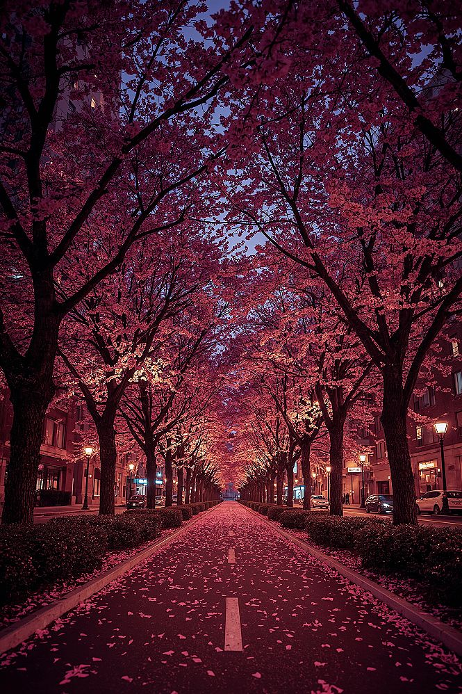 Cherry Blossom City Nights: Aesthetic Street 4K Wallpapers