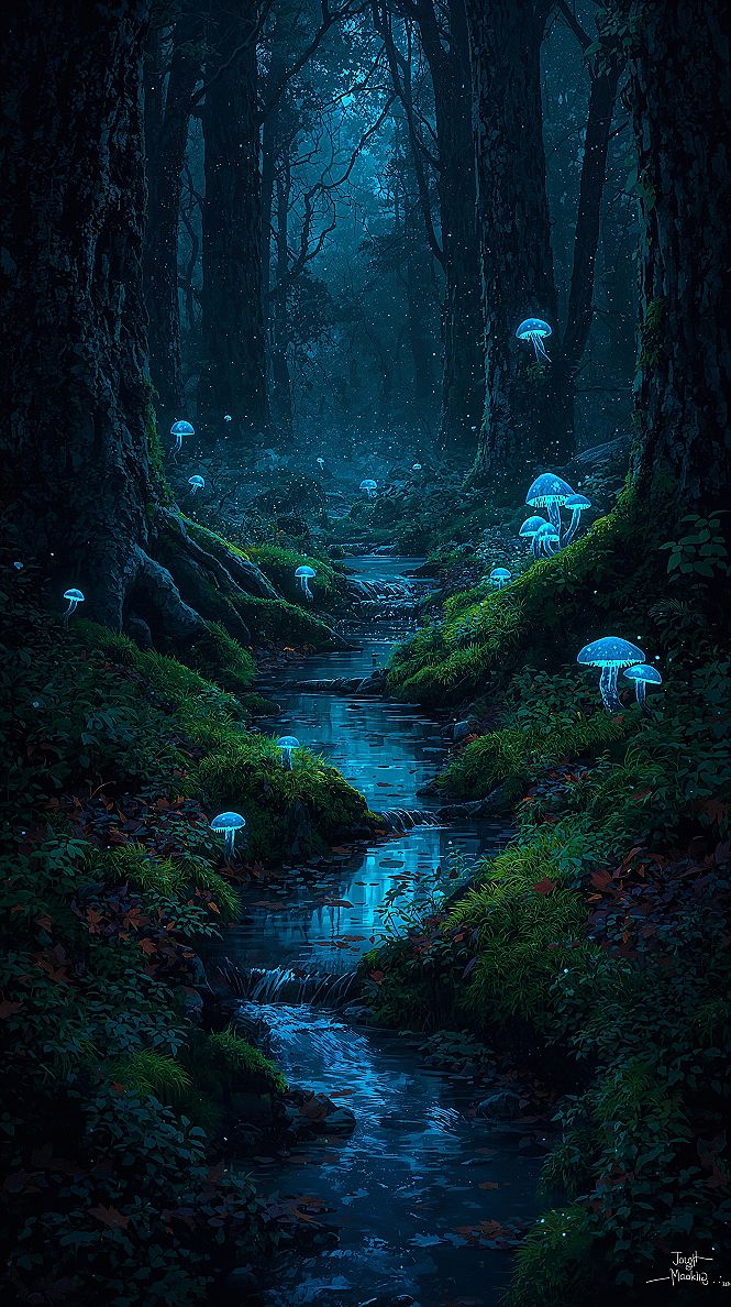 Ethereal Forest Glow: Surreal Blue Mushrooms & Aesthetic Wallpapers
