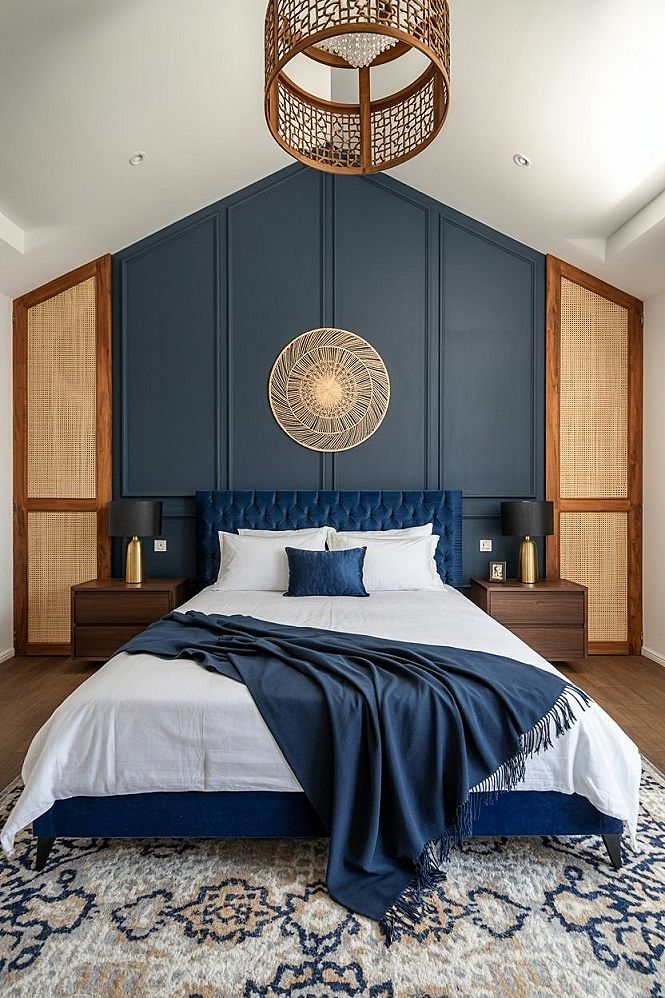 Sophisticated Navy Blue Bedroom: Modern Wood & Chic Decor