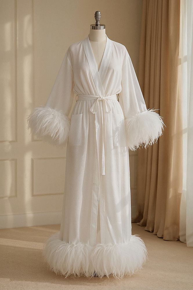 Romantic Sheer Robes with Feathers for Wedding Night