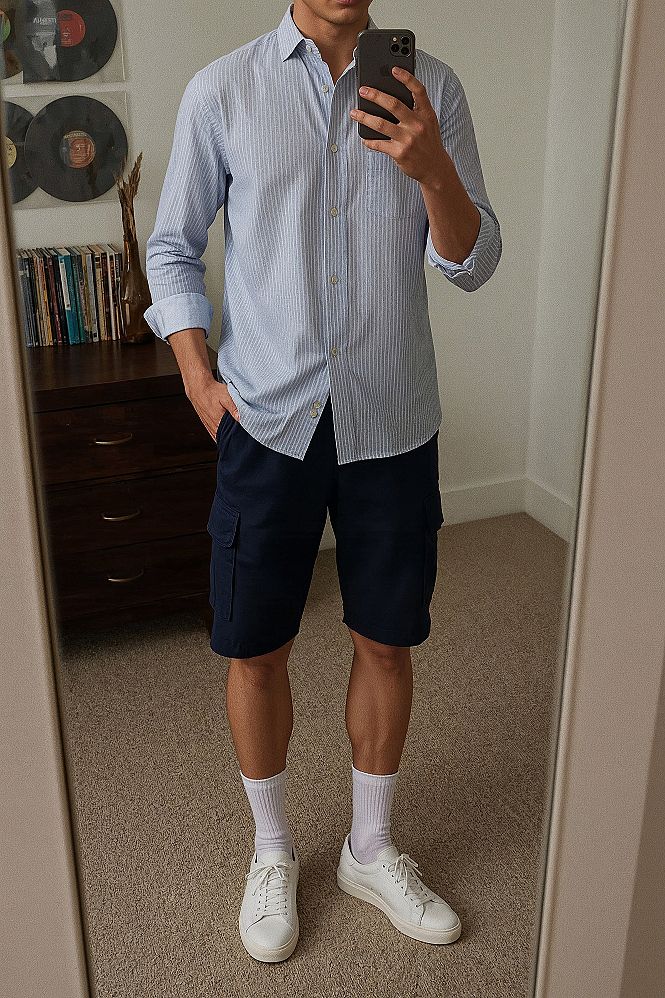 Classic Summer Cool: Striped Shirt & Navy Shorts for Effortless Daily Style