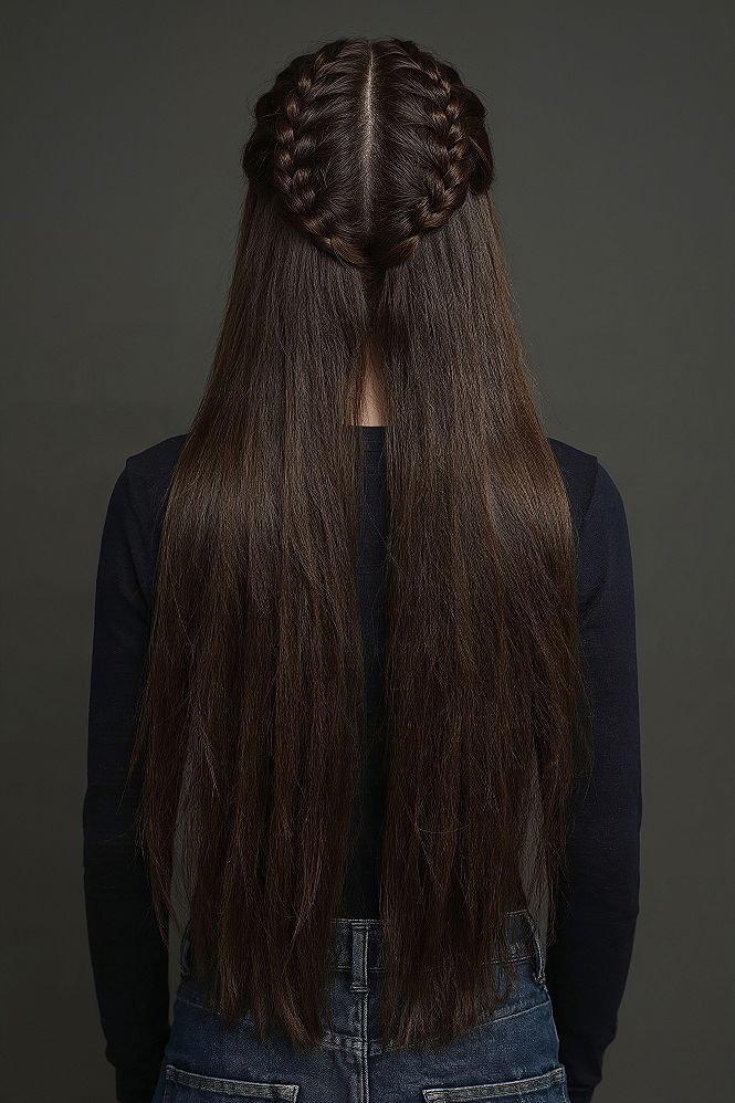 Chic Long Hair Braids: Adorable School Hairstyles with Blue Ribbons