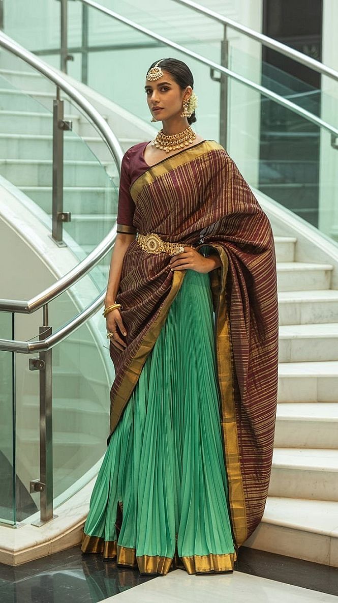 Pattu Lehenga & Langa Voni: Two-Tone Saree Blouse Designs