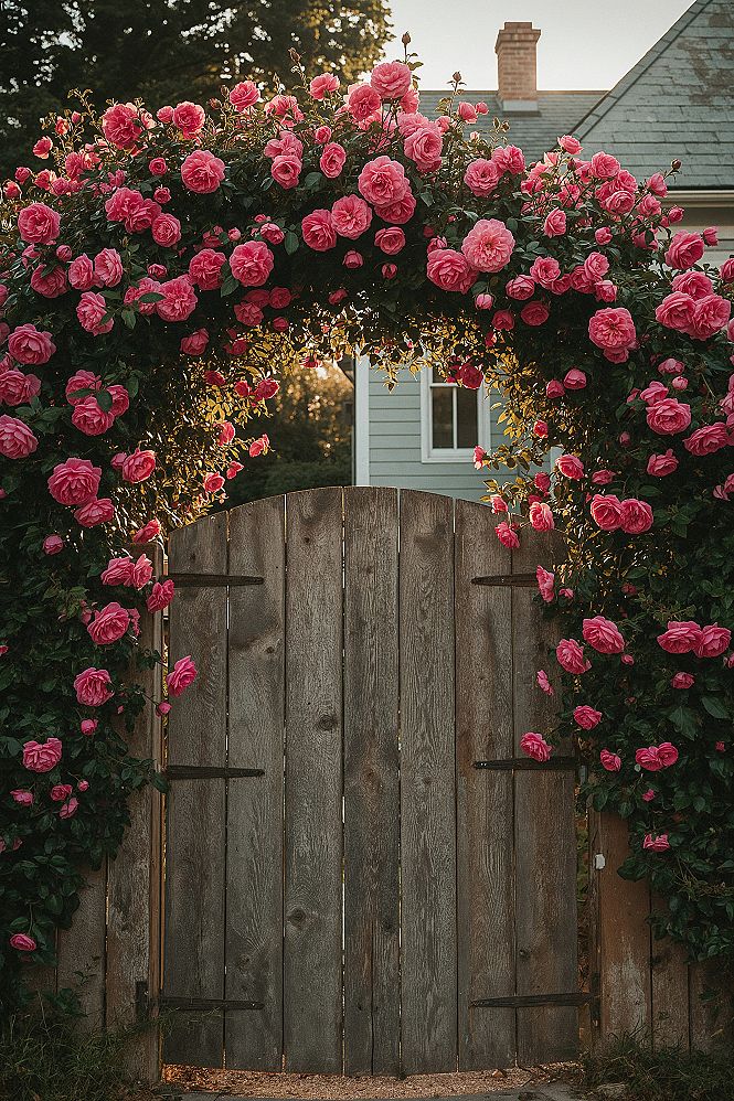 Charming Garden Gate with Climbing Roses: Cozy Cottage Entryway Inspiration