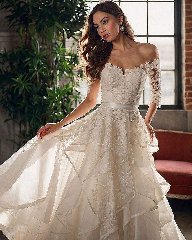 Delicate floral lace edging on off-the-shoulder sleeves
