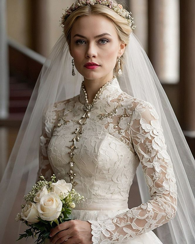 Close-up on ornate beaded neckline