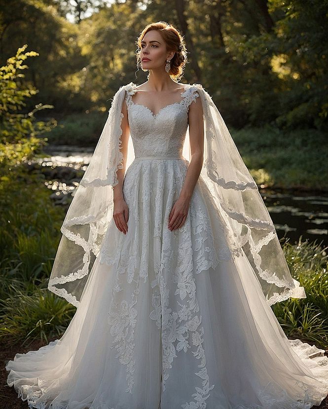 Off-Shoulder Lace Detailing with Flowing Veil