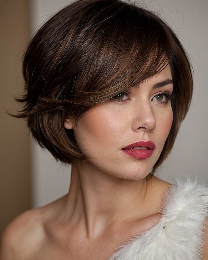 Close up of layered chin-length cut