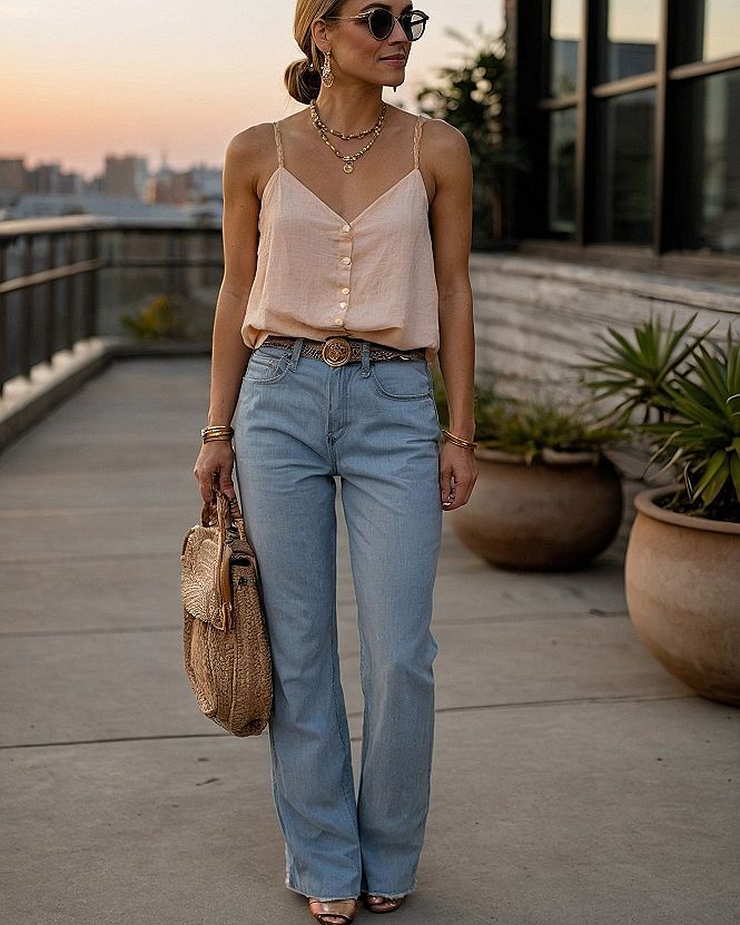 Soft Pastel Camisole Paired With Light Wash Denim