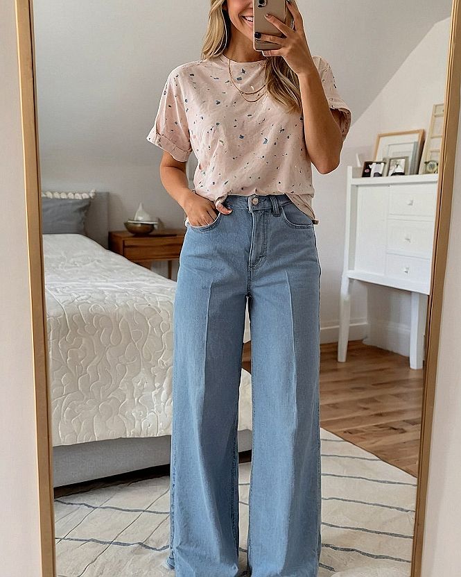 Full length wide leg denim with cuffed sleeves
