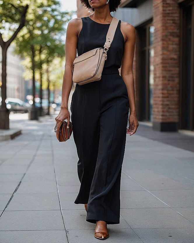 Wide-leg trousers and sling bag on pavement