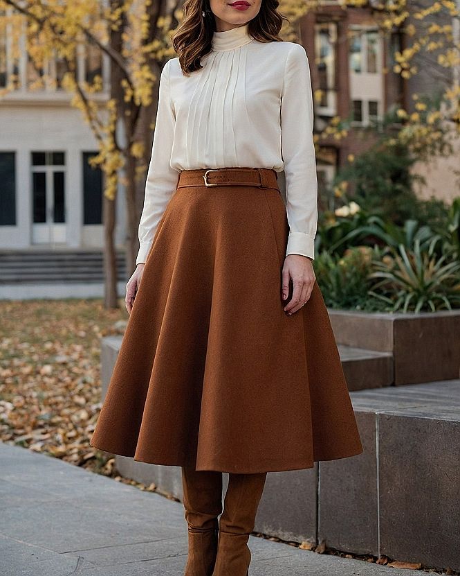 Mock Neck Blouse Meets Flowy A-Line Skirt