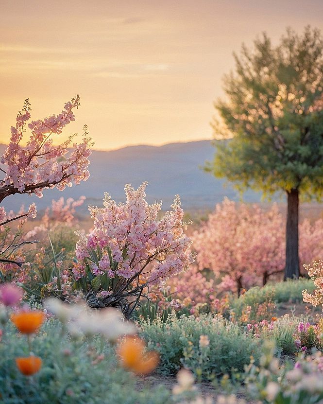 Sunlit pink blossoms blooming across a desert valley landscape